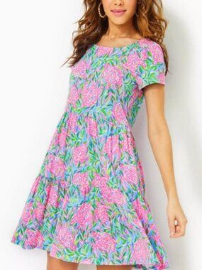 Lilly Pulitzer Geanna Cotton Swing Tiered Pink & Green Floral Dress Large